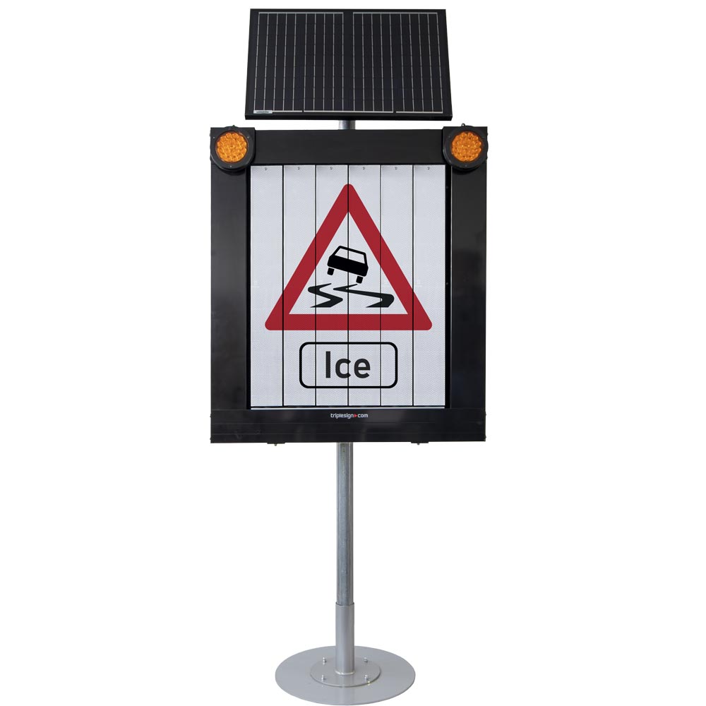 Ice warning sign by Triplesign System on a roadside VMS for safer winter traffic