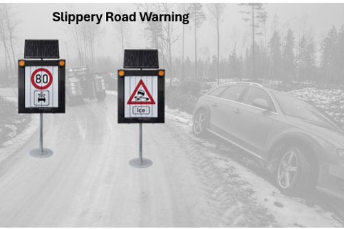 Slippery road sign